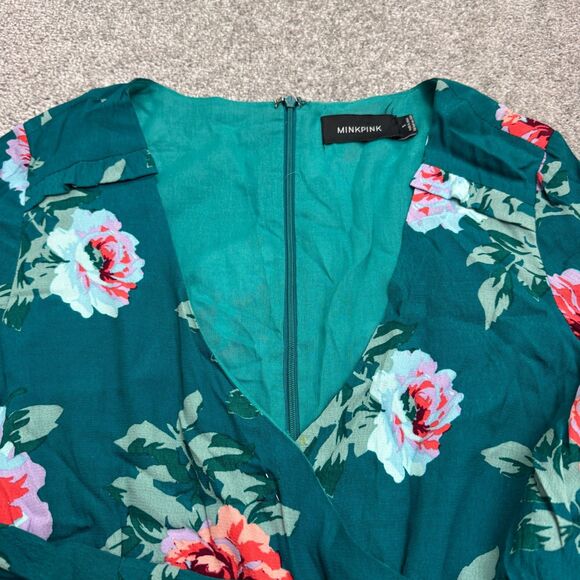 Minkpink Ruffle Floral Romper Womens small Green Long Sleeve V-Neck Summer Boho - Picture 3 of 15